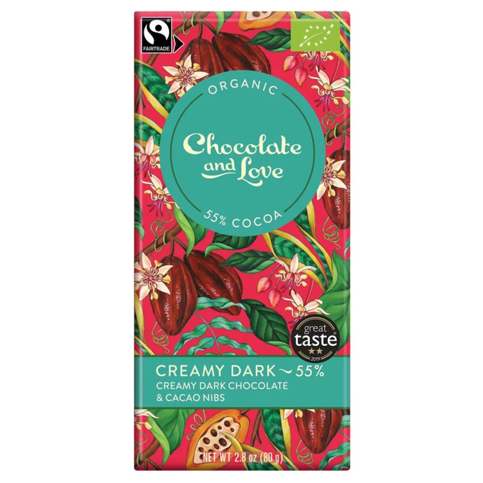 Creamy Dark Chocolate with Cocoa Nibs, Organic 80g (Chocolate and Love)
