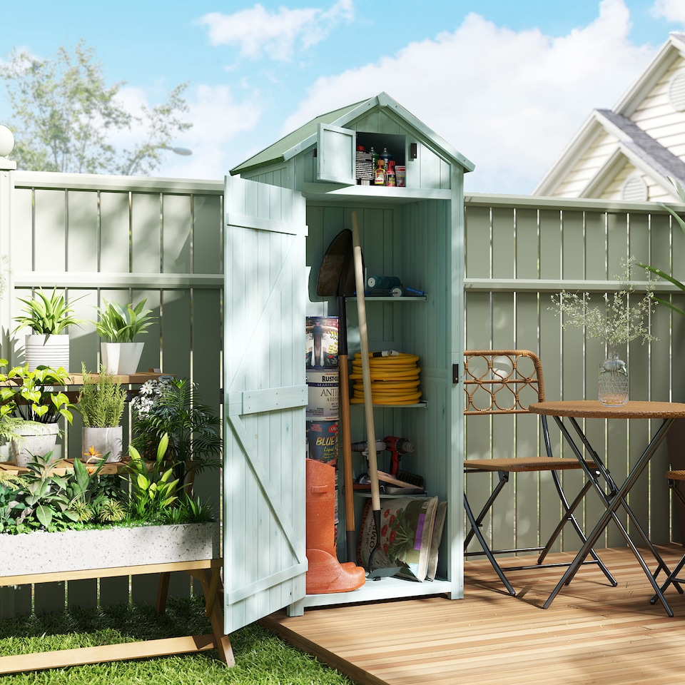 image 1 of Outsunny Garden Shed Vertical Utility 3 Shelves Shed Wood Outdoor Garden Tool Storage Unit Storage Cabinet, 77 x 54.2 x 179cm  Blue