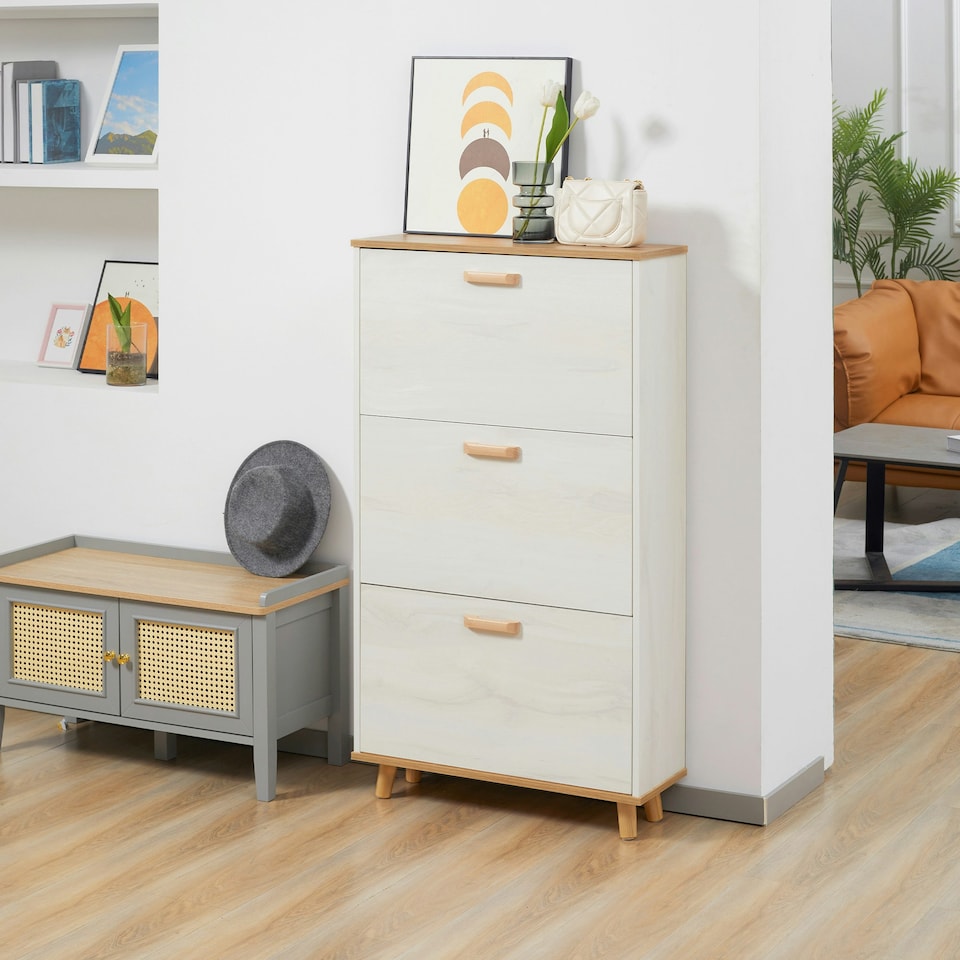 image 1 of HOMCOM 12 Pair Slim Shoe Storage Cabinet w/ 3 Flip Drawers Cream
