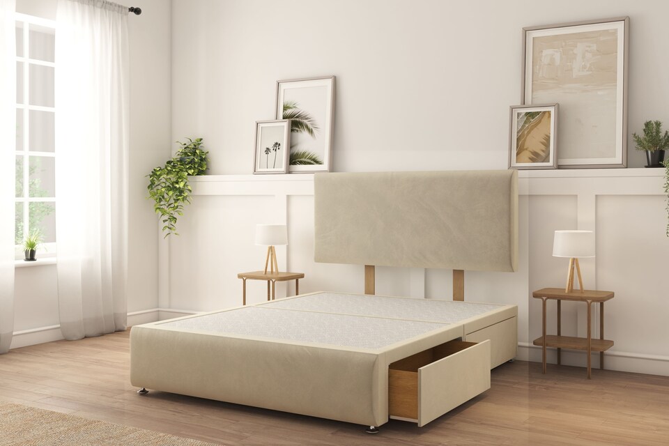 image 1 of Sloomy Rutherford Cream Plush Divan Bed With Mattress 2 Drawers Right 26" Strutted Headboard & 12" Footboard 3' Single