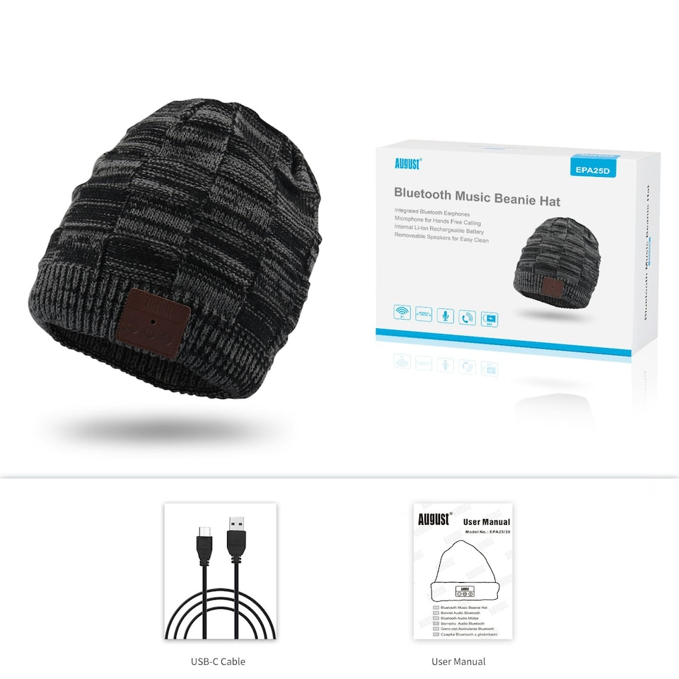 image 1 of Beanie Hat with Bluetooth Speakers Rechargeable with Built-In Microphone for Calls -August EPA25 Grey
