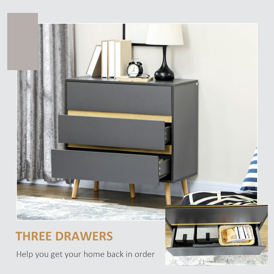 image 1 of HOMCOM Chest of Drawers, 3 Drawer Storage Cabinet Organiser Bedroom Dark Grey
