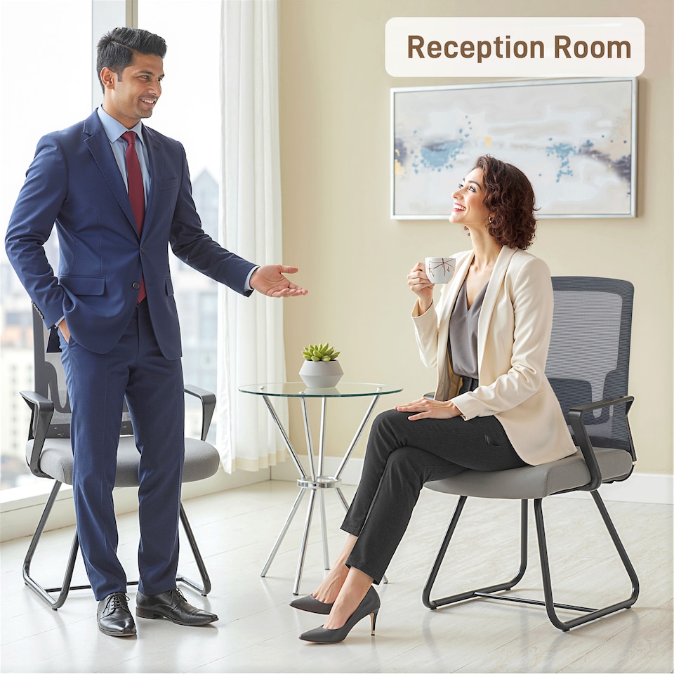 image 1 of HOMCOM Desk Chair No Wheels, Meeting Office Chair with Mesh Back, Lumbar Support, Metal Base and Armrests for Reception, Waiting Room, Conference Room, Dark Grey | Grey