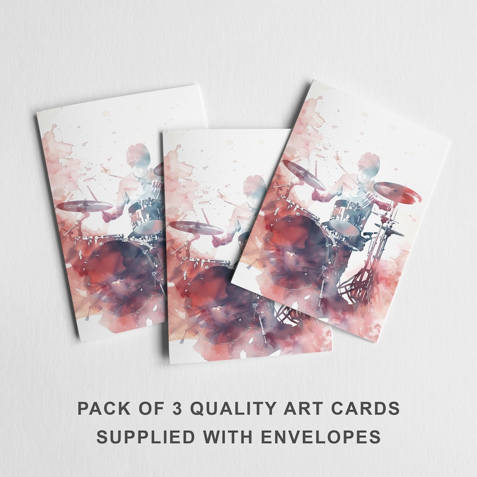 image 1 of Drummer Drum Kit Greeting Card Modern Watercolour Any Occasion Set of 3 Blank
