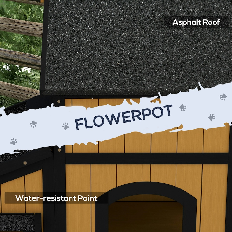 image 1 of PawHut Wooden Outdoor Cat House w/ Flower Pot, Windows, Multiple Entrances Yellow