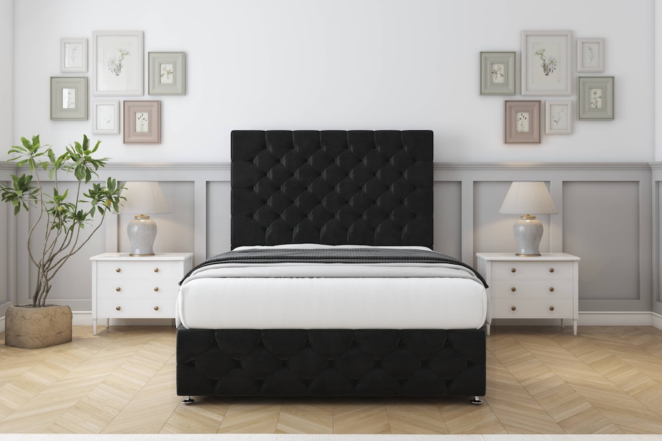 image 1 of Sloomy Watson Black Plush Divan Bed Base 2 Drawers Foot-End With 54 Inch Floor Standing Headboard & 12 Inch Matching Footboard | Black | Black | Small Double | 1