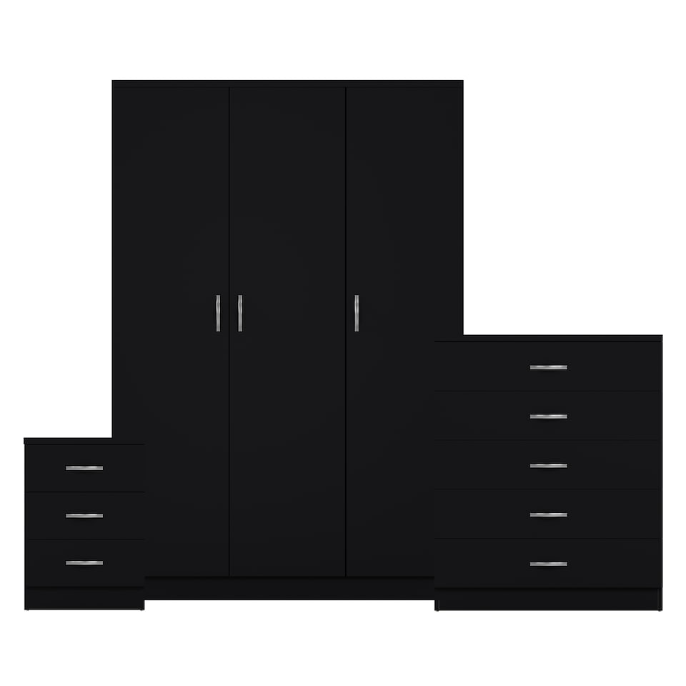image 1 of Vida Designs Riano 3 Piece Bedroom Set (3 Drawer Bedside Chest, 5 Drawer Chest, 3 Door Wardrobe), Black (5)