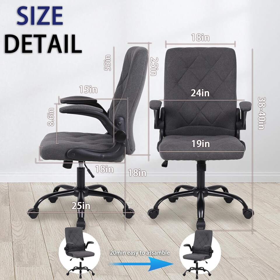image 1 of Ergonomic Computer Desk Chair with Flip-Up Armrest, 90-105 Degrees Reclining and 360 Swivel