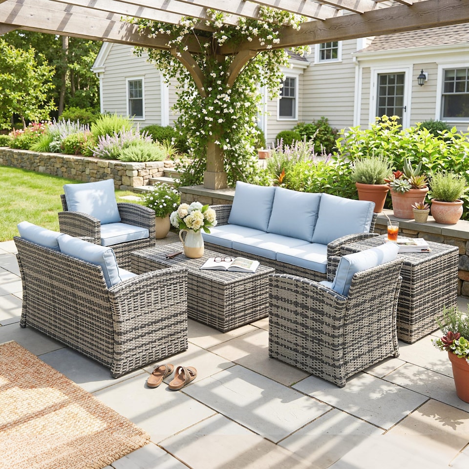 image 1 of Outsunny 6 PCS Patio Rattan Sofa Set Conversation Garden Furniture Grey