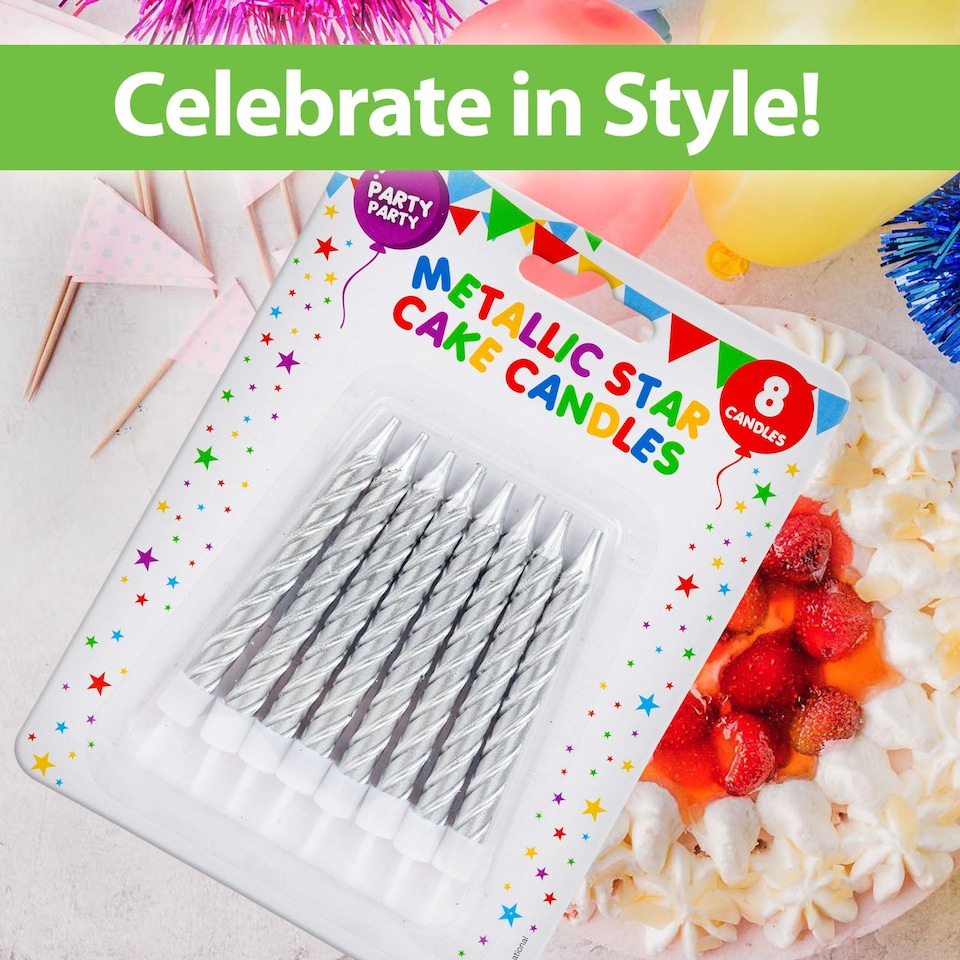 image 1 of PMS 8-Pack Metallic Silver Birthday Cake Candles 75mm