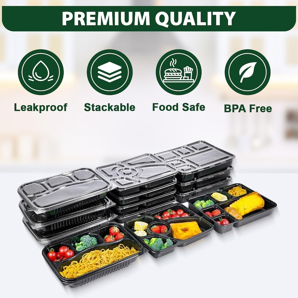 image 1 of 5 Compartment Black Meal Prep Containers With Lid Plastic Microwave Safe Food Storage Box 30pc