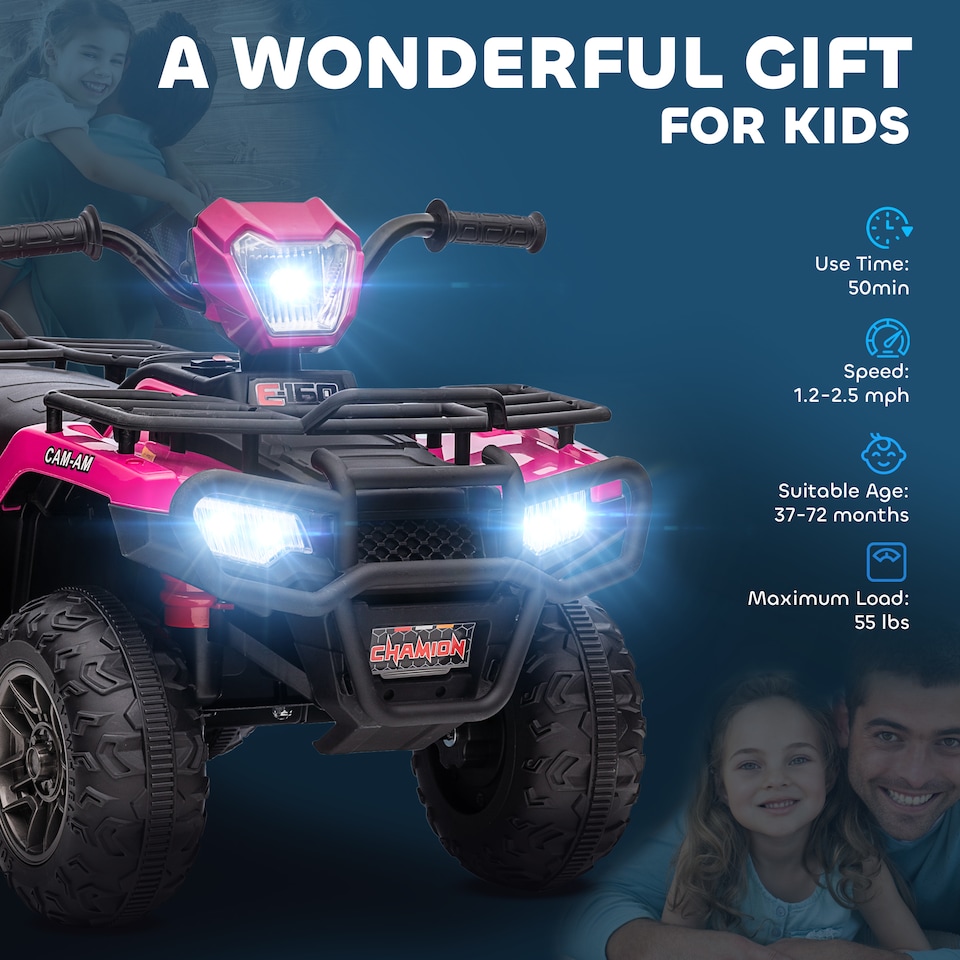 image 1 of HOMCOM 12V Electric Car for Kids, Battery Powered Quad Bike, Ride-On ATV Car with Forward, Reverse Functions, Music, LED Lights, for Ages 3-5 Years - Pink