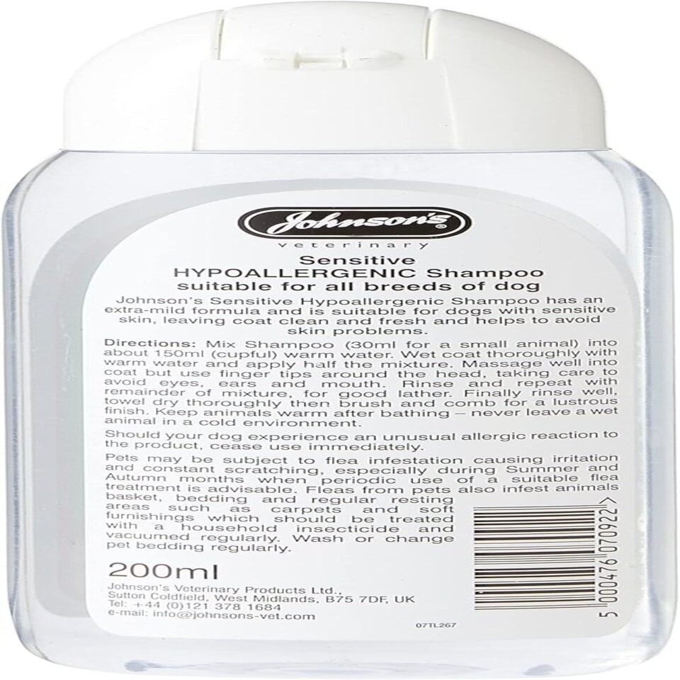 image 1 of Johnsons Vet Hypo-Allergenic Shampoo, 200 ml, transparent