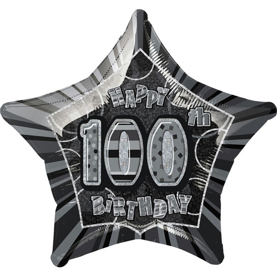 Unique Party 20 Inch Happy 100th Birthday Black Star Foil Balloon - Black/Silver - One Size
