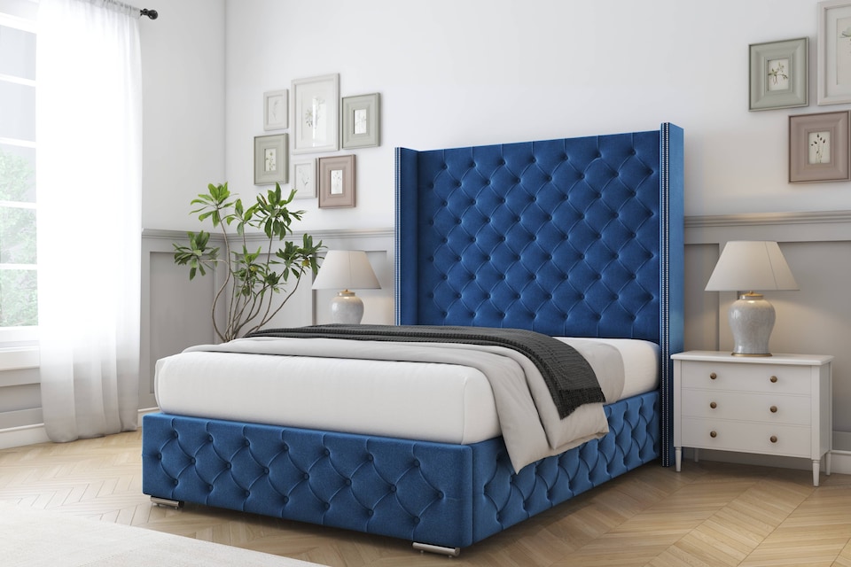 image 1 of Sloomy Arundel Navy Plush Bed Frame With 50"  Upholstered Wingback Headboard 2'6 Small Single
