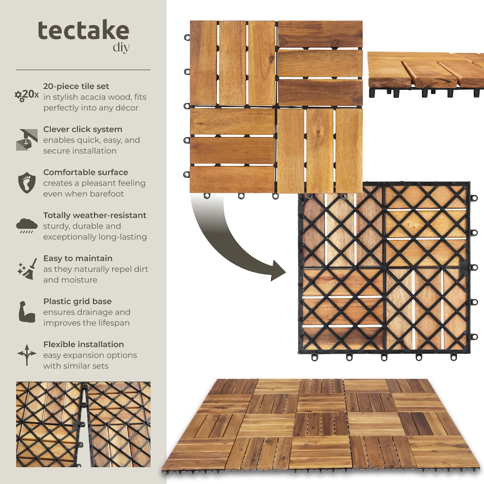 image 1 of Outdoor Tiles Tabula - easy click installation, acacia wood, weather-safe | Brown | brown | 31 x 31 x 2,20 cm | 20