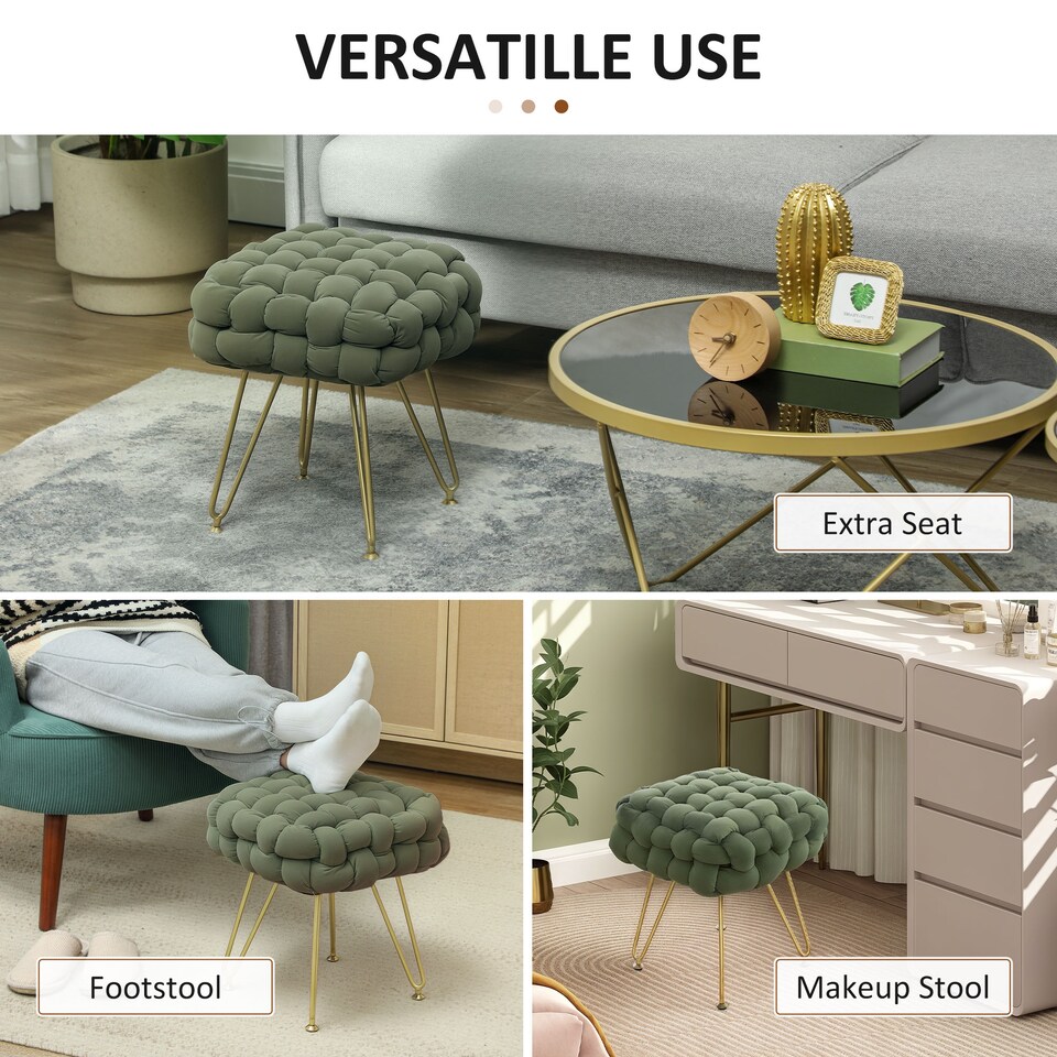 image 1 of HOMCOM Square Foot Stool, Woven Footrest Ottoman with Metal Legs, Padded Makeup Vanity Stool, Velvet Dressing Table Seat for Bedroom, Dark Green | Green | 1
