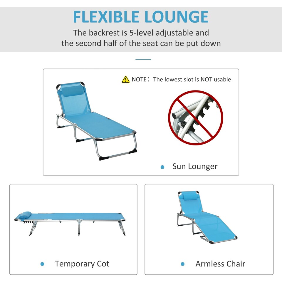 image 1 of Outsunny Folding Outdoor Reclining Sun Lounger Chair Aluminium Frame Blue