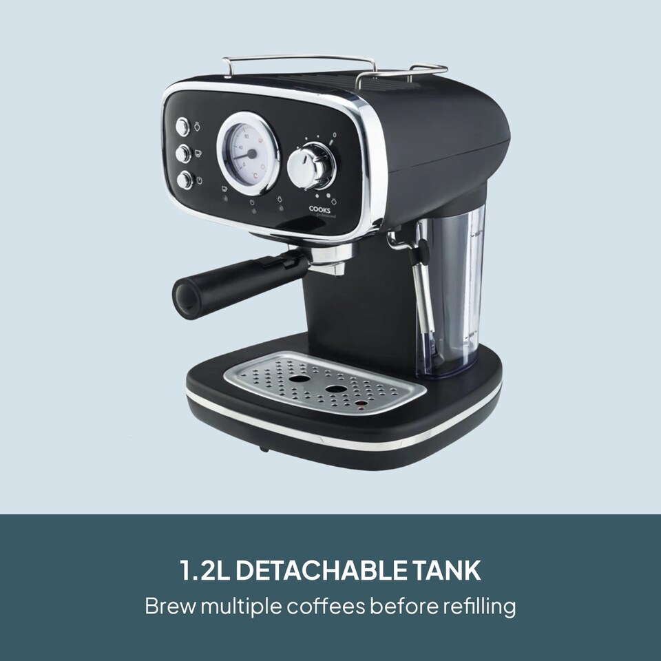 image 1 of Cooks Professional 15-Bar Retro Espresso Coffee Machine 1.2L with Frothing Steam Wand | Black | Black & Silver