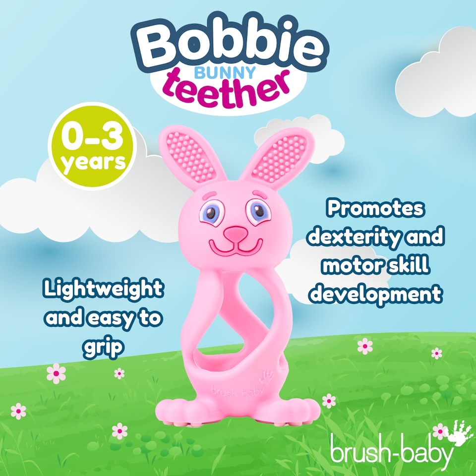 image 1 of Brush Baby Bobbie Bunny Baby Teether Toy Rose Pink | Twist & Bounce Teething Toy