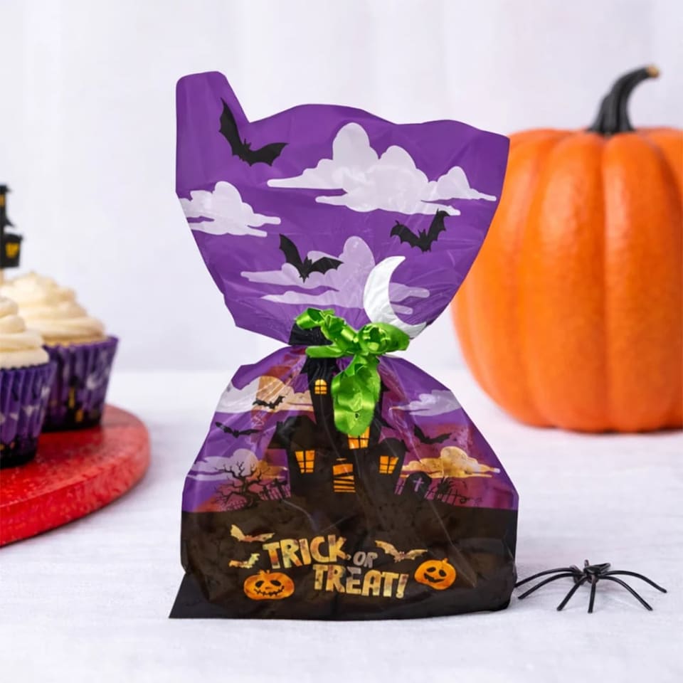 image 1 of Trick or Treat Halloween Cello Treat Bags with Twist Ties - Pack of 20