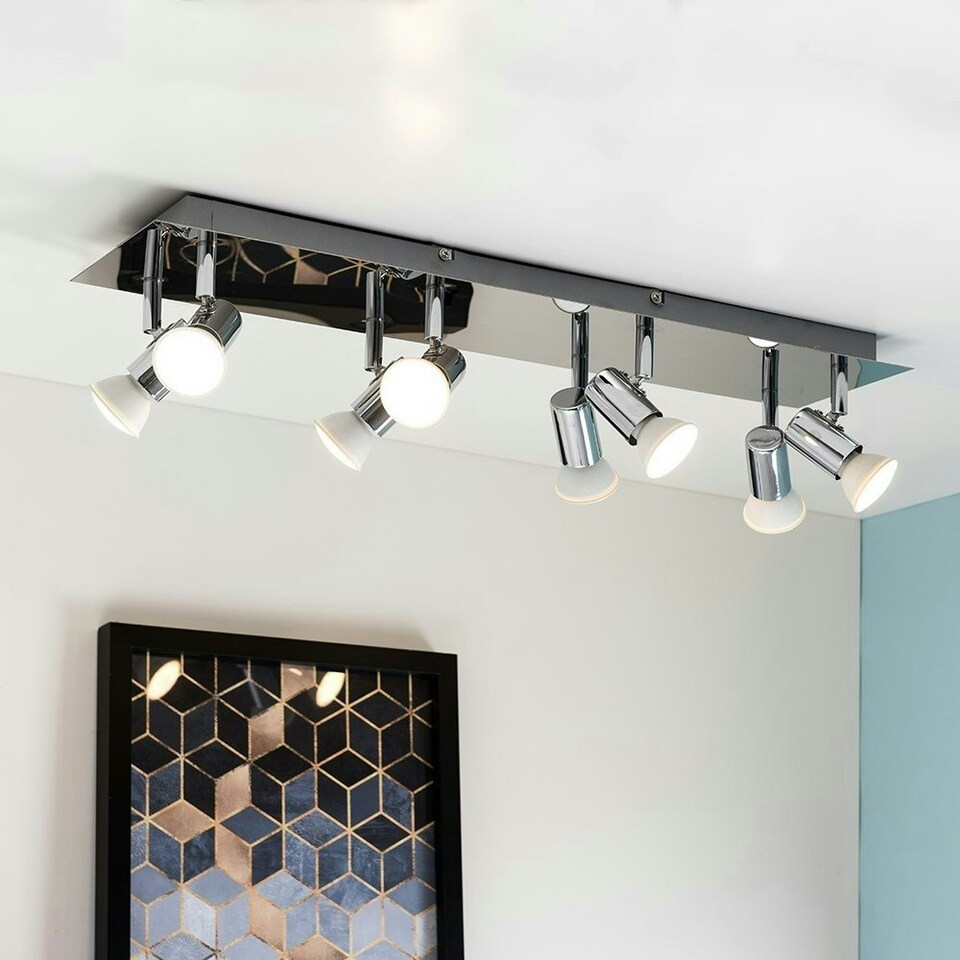 image 1 of ValueLights Large Rectangular Polished Chrome Plate 8 Way Adjustable Ceiling Spotlight - with 8 x 5W Warm White GU10 LED Bulbs Chrome