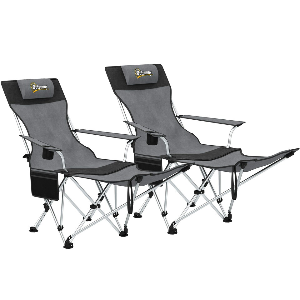 image 1 of Outsunny Set of 2 Reclining Camping Chairs Green | Olive Green, Grey