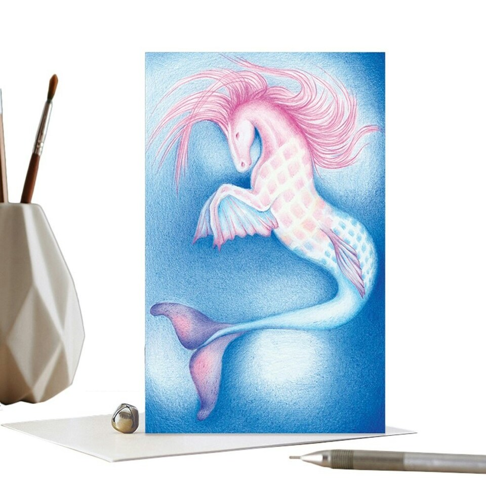 Deckled Edge Merhorse Greetings Card - Blue/Pink/White - One Size