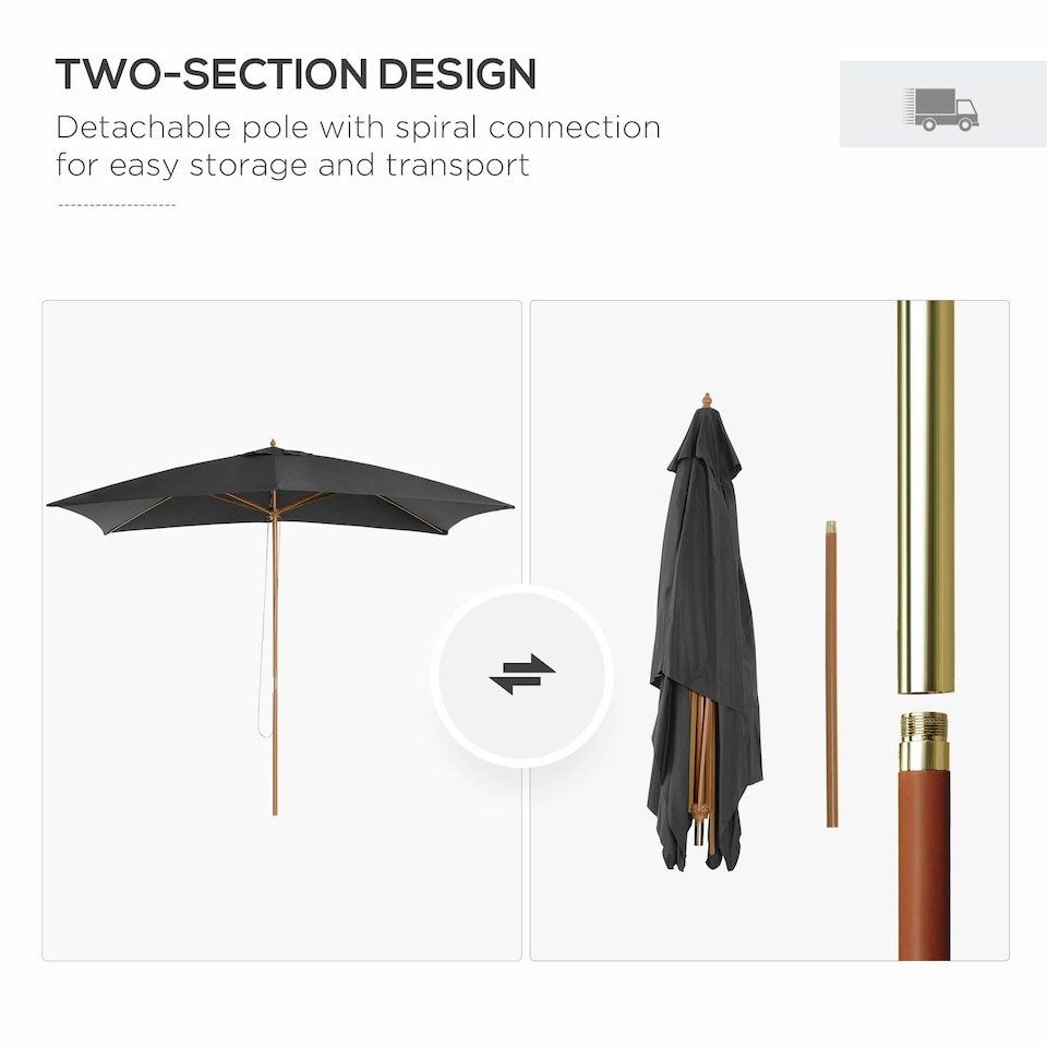 image 1 of Outsunny Wooden Garden Parasol Sun Shade Patio Umbrella Canopy Dark Grey