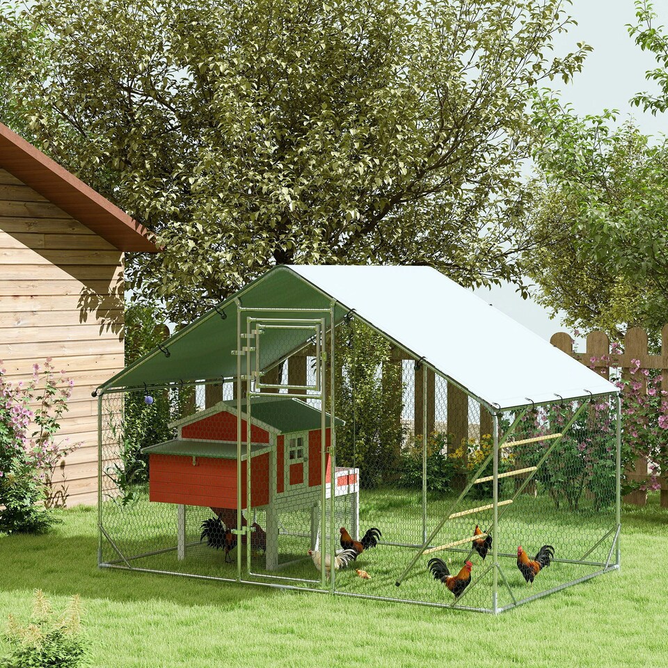 image 1 of PawHut Walk in Chicken Run with Waterproof & UV-Resistant Cover, Hanging Feeder, Perch, Hen Poultry House for 6-8 Chickens, Ducks, Rabbits, Geese, Silver