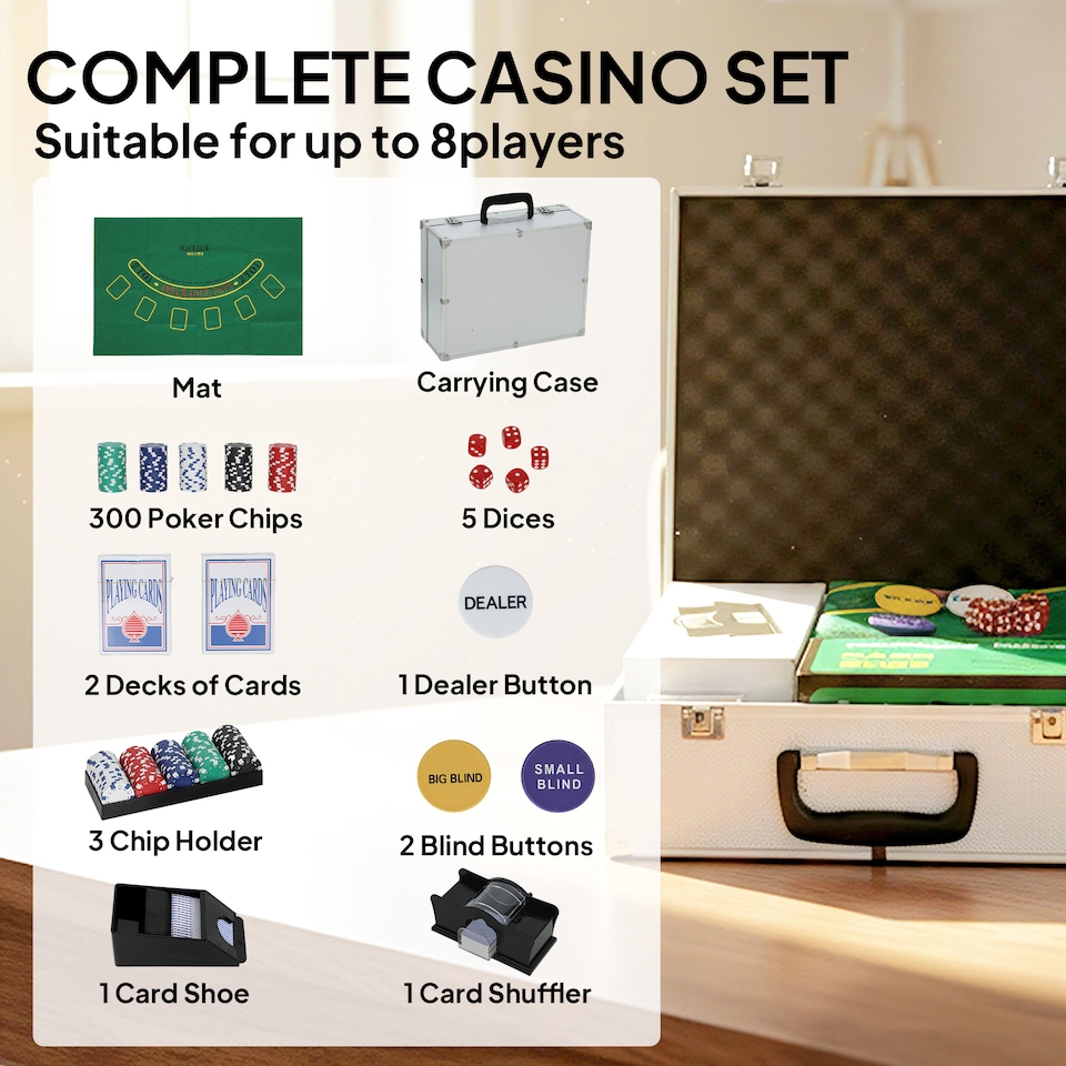 image 1 of SPORTNOW 300-Piece Poker Chips Set with Card Shuffler, Card Shoe, ABS Case, Casino Texas Holdem Poker Set with Mat, 11.5g Poker Chips, Two Decks of Cards, Dealer, Blind Buttons, Five Dices, Silver