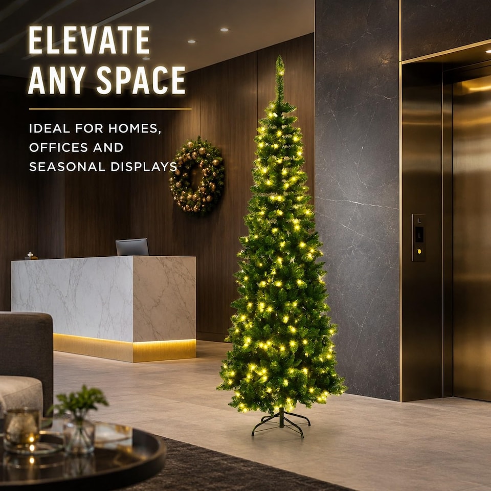 image 1 of 6FT Pre-Lit Pencil Christmas Tree with Warm White LED Lights - Festive Xmas Decoration for Home and Holiday Display