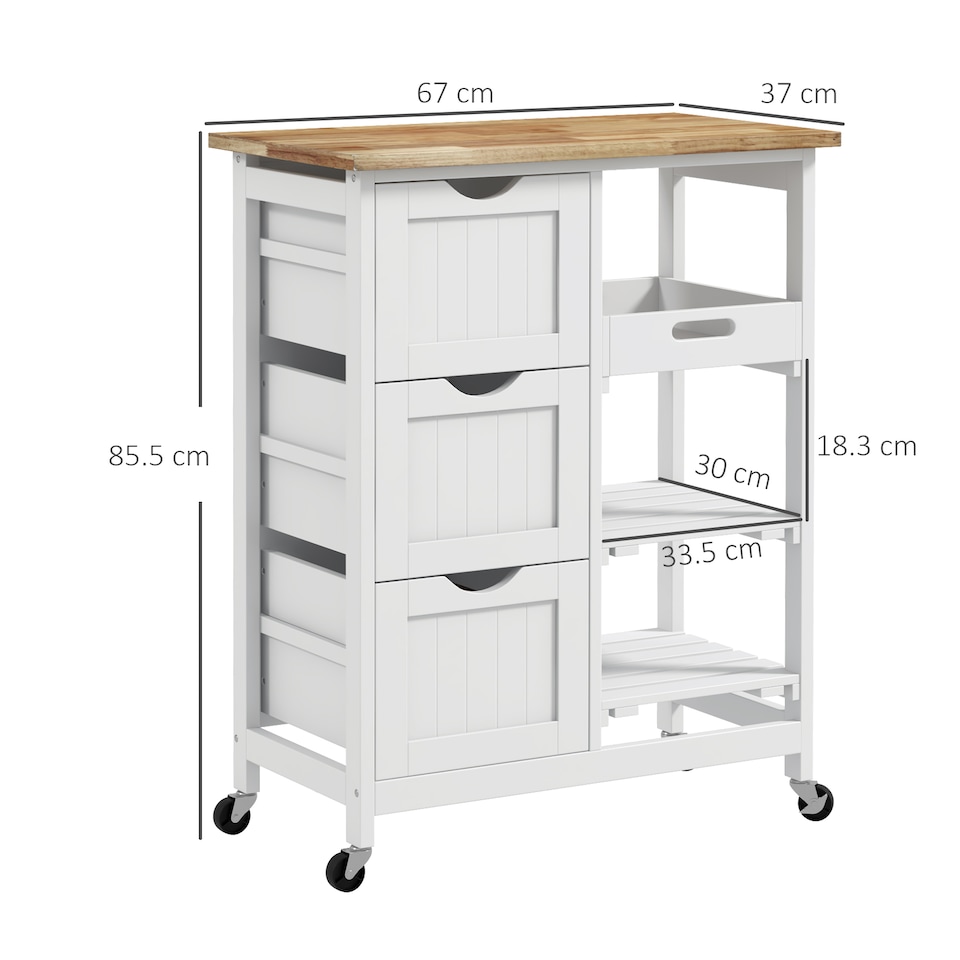 image 1 of HOMCOM Rolling Kitchen Island Cart, Bar Serving Cart, Compact Trolley on Wheels with Wood Top, Shelves & Drawers for Home Dining Area, White