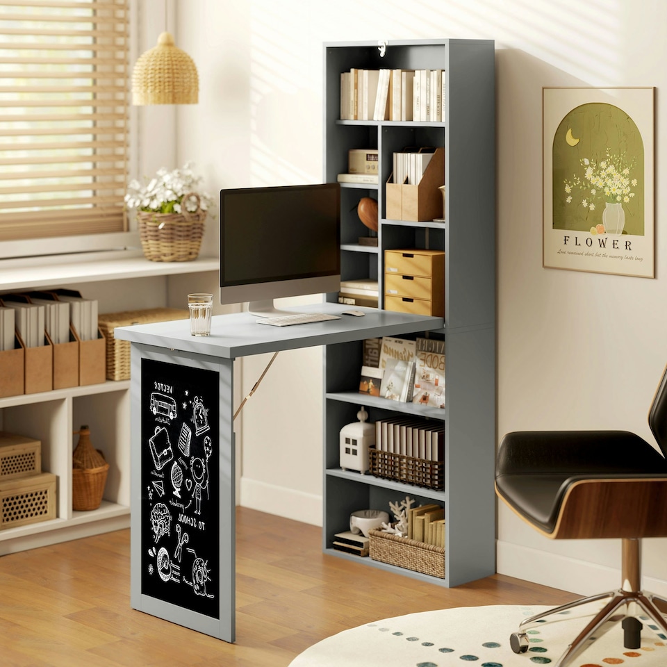 image 1 of HOMCOM Folding Convertible Desk with Blackboard and Bookshelf, Grey