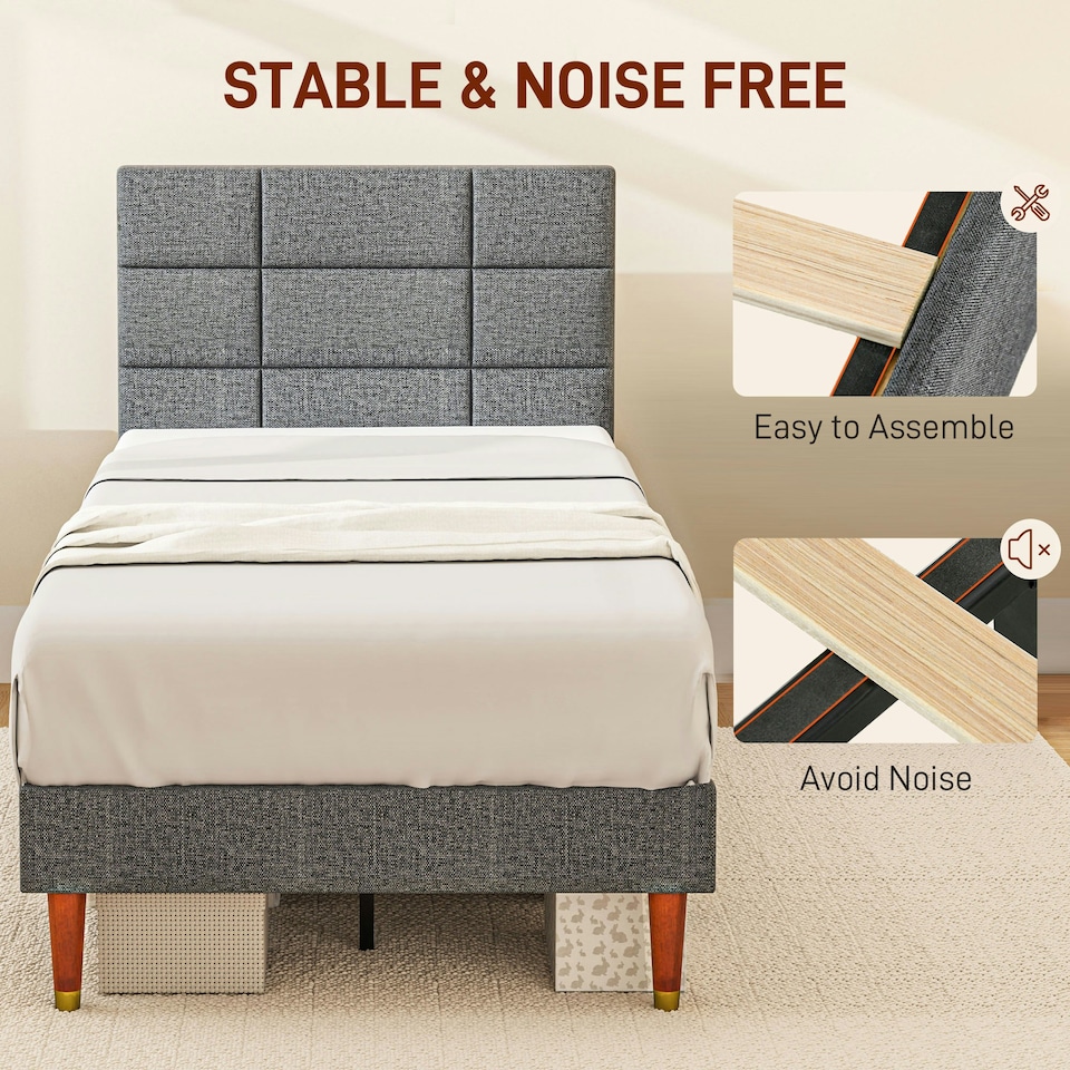 image 1 of HOMCOM 3ft Upholstered Single Bed Frame w/ Wooden Slat No Box Spring Needed