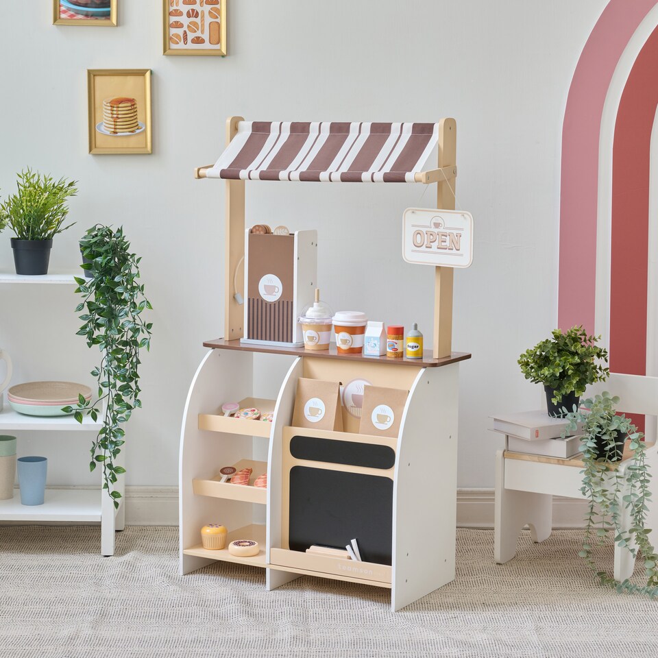 image 1 of Teamson Kids Wooden Coffee Stand Playset with Espresso Machine & 29 Accessories
