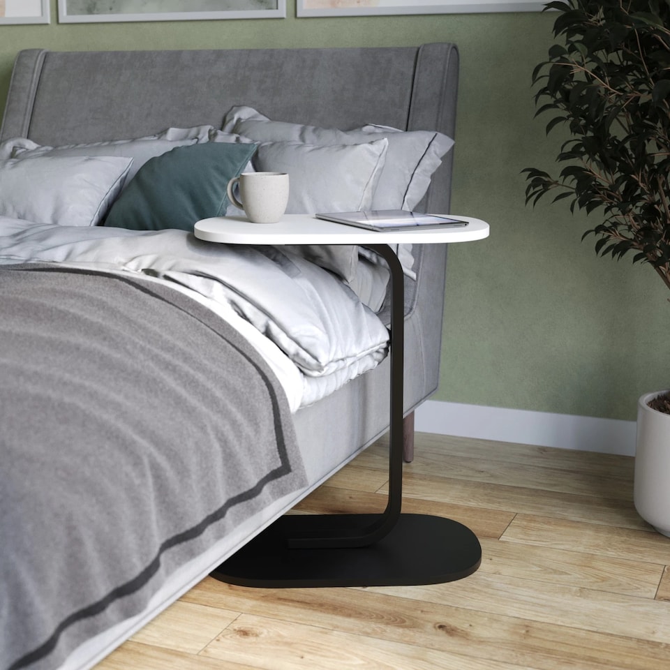 image 1 of C Shaped Oval Side End Wood & Metal Table Bedside Couch Sofa Living Room Bedroom | Multi | White