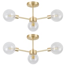 Set of 2 Toner - Satin Brass with Globes 3 Light Flush Ceiling Lights | Gold | Satin brass plate and clear glass | Medium | 1
