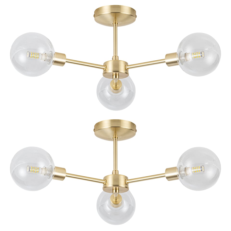 image 1 of Set of 2 Toner - Satin Brass with Globes 3 Light Flush Ceiling Lights | Gold | Satin brass plate and clear glass | Medium | 1