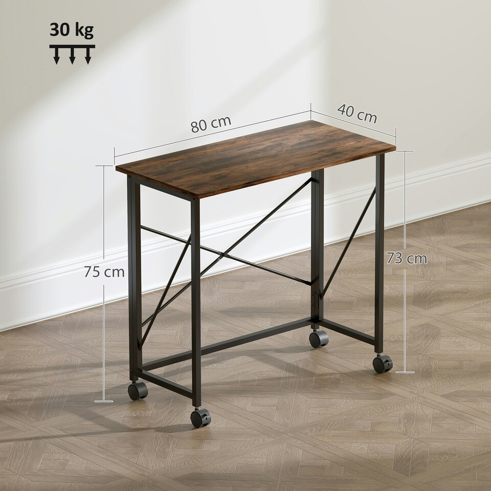 image 1 of HOMCOM Folding Desk on Wheels, Writing Table for Home Office, Brown Brown | White