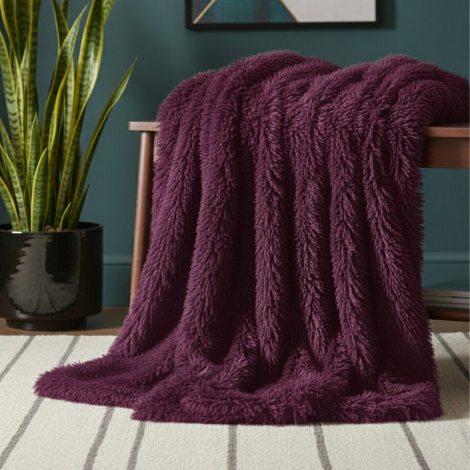 image 1 of Cuddly Extra Fluffy Throw Ultra Soft Plush Blanket for Sofa Bed Home Decor | Purple | Plum