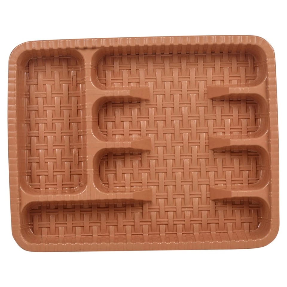 image 1 of Plastic Woven Rattan Cutlery Utensils Holder Flatware Drawer 5 Section Organiser | Multi | Cappuccino