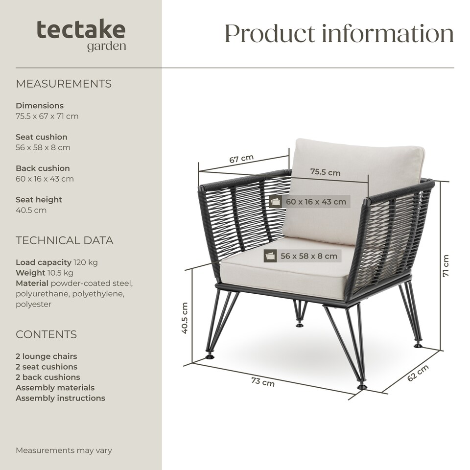 image 1 of Garden Chair Sundo - thick seat cushions, removable cushion covers | Grey | anthracite | 67 x 75,50 x 71 cm | 2