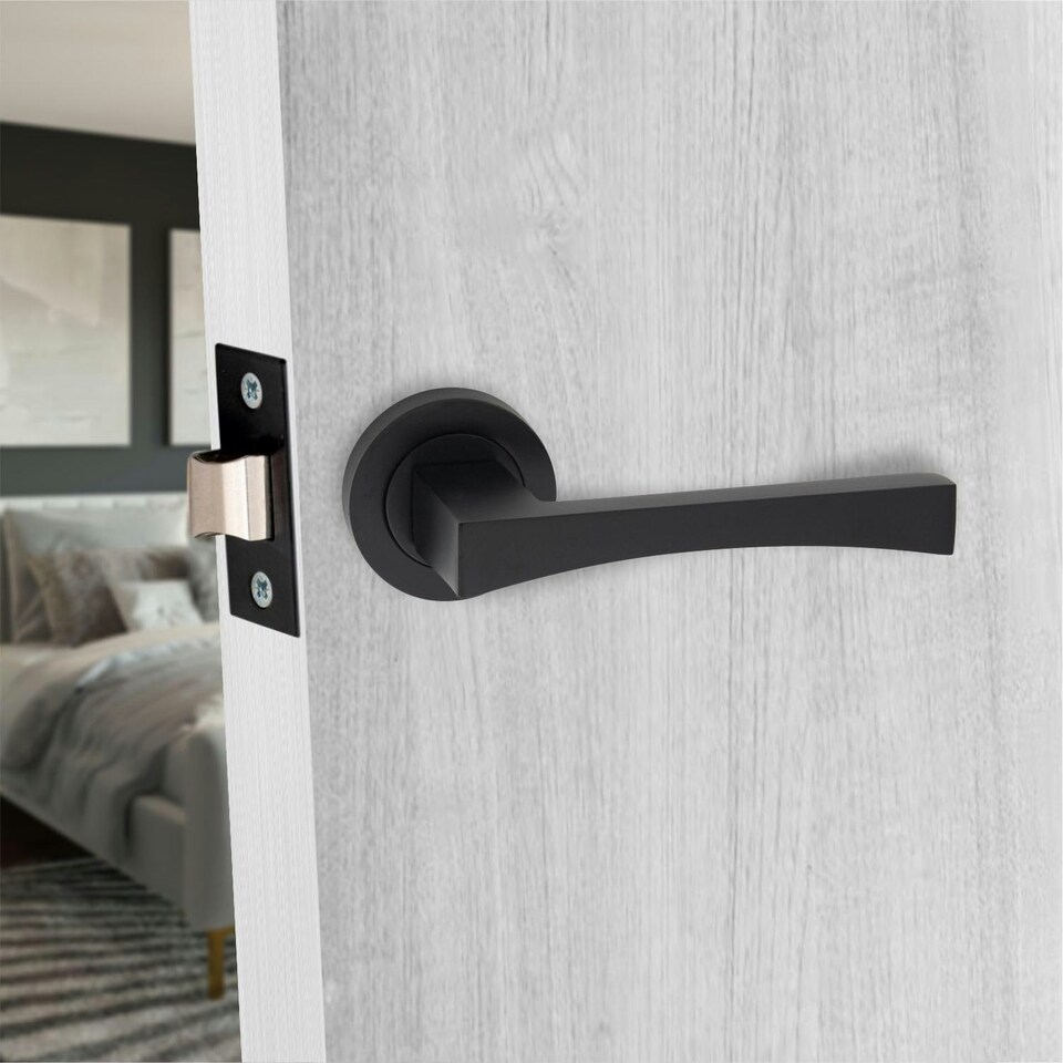 image 1 of Golden Grace Wave Handles Set on Round Rose in Matt Black Finish with 64mm 3 Lever Mortise Lock, 3" Ball Bearing Hinges and Key Hole Black