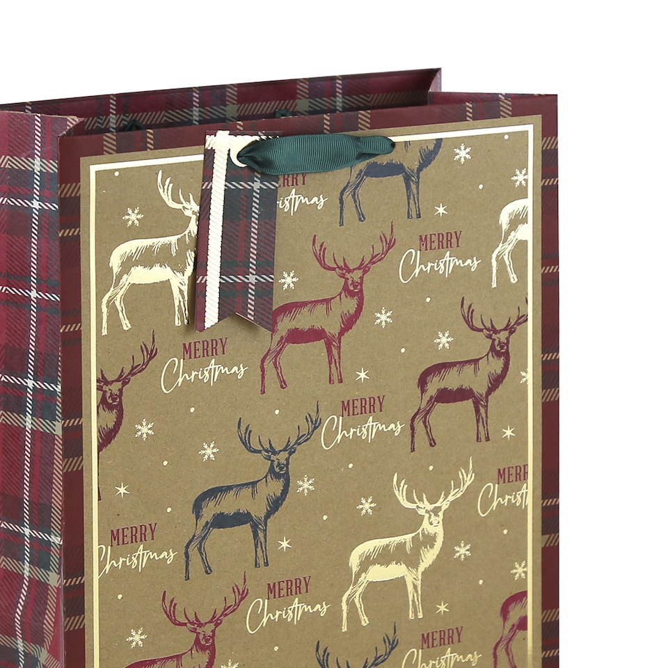 image 1 of Woodland Stag Tartan Christmas Large Kraft Gift Bag 33cm