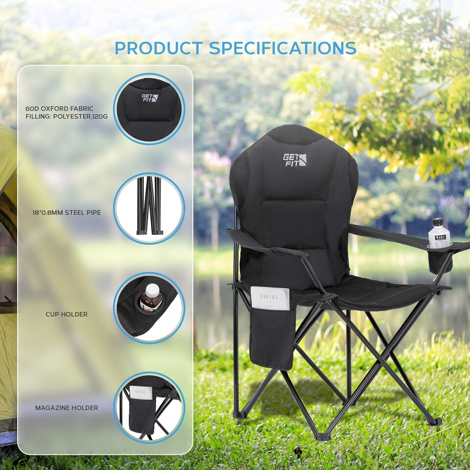 image 1 of Get Fit Premium Folding Camping Chair - Thick Padded With Magazine Pocket, Cup Holder & Carry Bag - Lightweight 3Kg - Capacity 130Kg - Single | Black | 1
