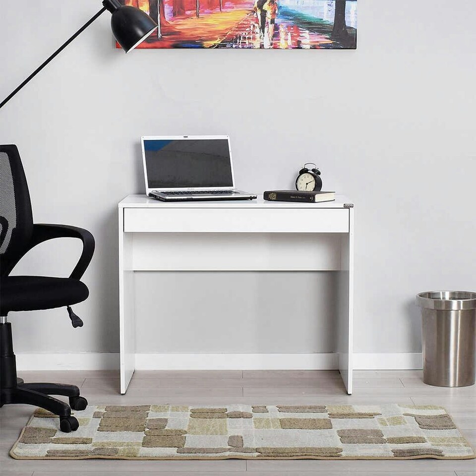 image 1 of Adore Matt White Laptop Study Desk with Full Width Drawer White