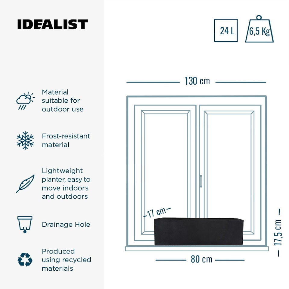 image 1 of Window Box Light Concrete Black Garden Planter L80 W17 H17.5 cm, 24 ltrs Cap.