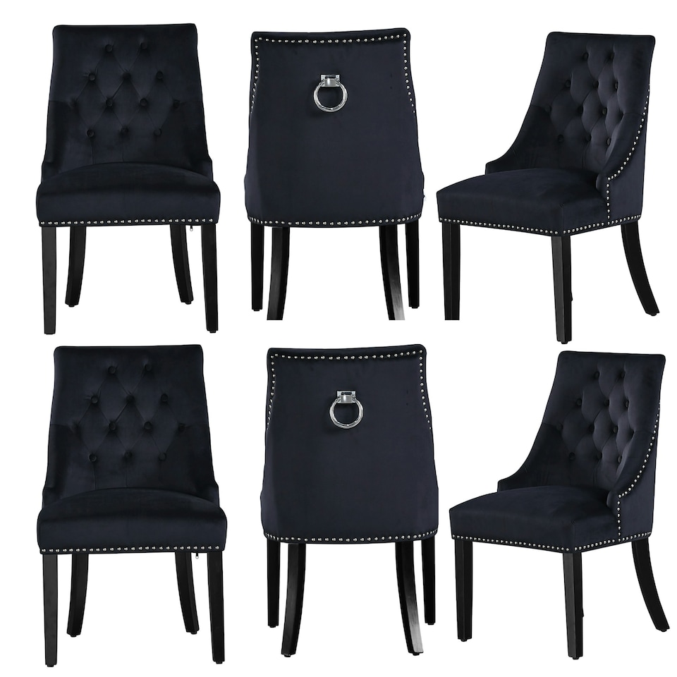 image 1 of Set of 6 Velvet Dining Chairs Ergonomic Scoop Knockerback & Button Tufted Wood Legs Black