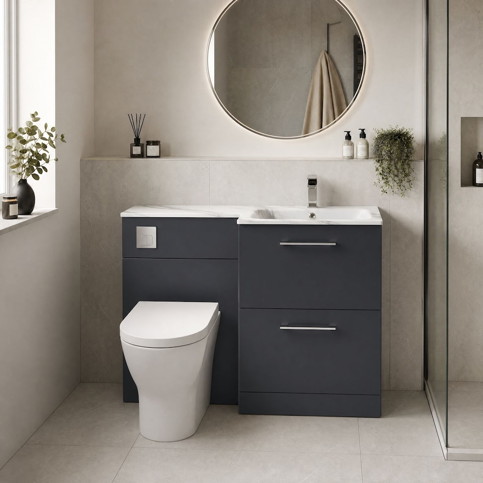 image 1 of Balterley Bramshall Contemporary Floor Standing 2 Drawer Vanity Basin WC Combination Unit, Carrera Marble Stone Basin, Right Hand, 1100mm, Satin Dark